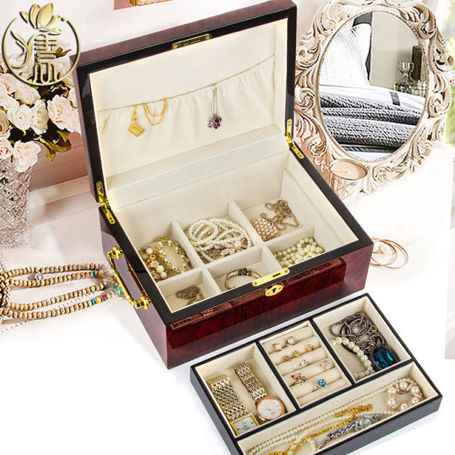 Wooden lockable jewelry box Korean large-capacity jewelry storage box high-end princess solid wood piano lacquer European gift