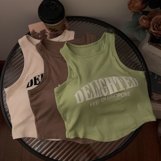 Retro American print sexy camisole vest with female chest pads showed thin slim Summer short versatile top