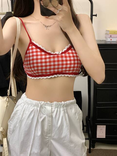 French short tube top niche sweet checkered small suspender vest 2024 new slim beauty back top girl