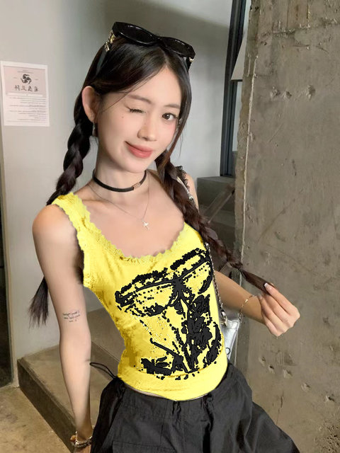 American short millennium print black vest for women in summer new hot girl style slim lace top