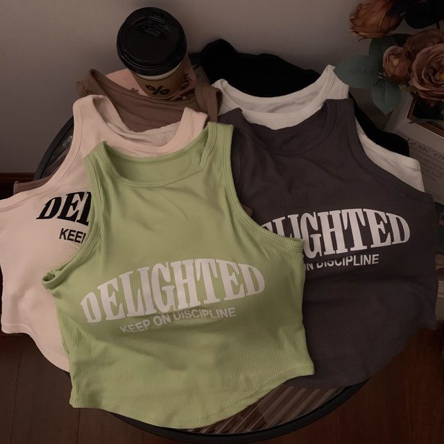 Retro American print sexy camisole vest with female chest pads showed thin slim Summer short versatile top