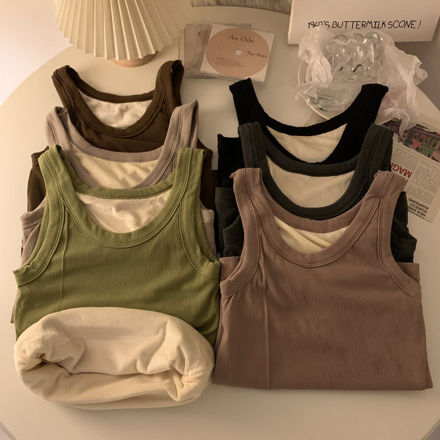 2023 Autumn and winter, add velvet thickened and warm vest female versatile round collars, cold and pure color sleeveless bottoming shirts
