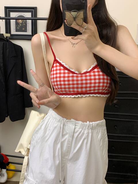 French short tube top niche sweet checkered small suspender vest 2024 new slim beauty back top girl