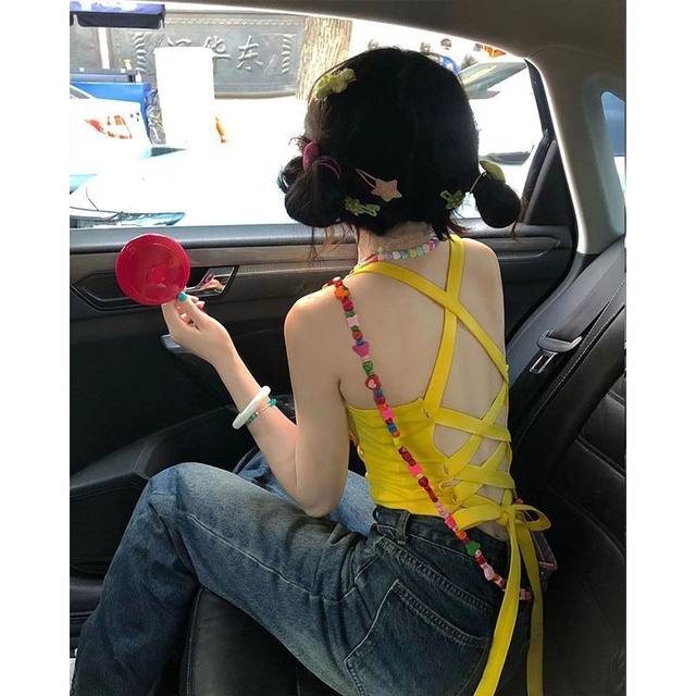Dopamine yellow suspender vest for women in summer wear sexy slim sweet hot girl sleeveless short top
