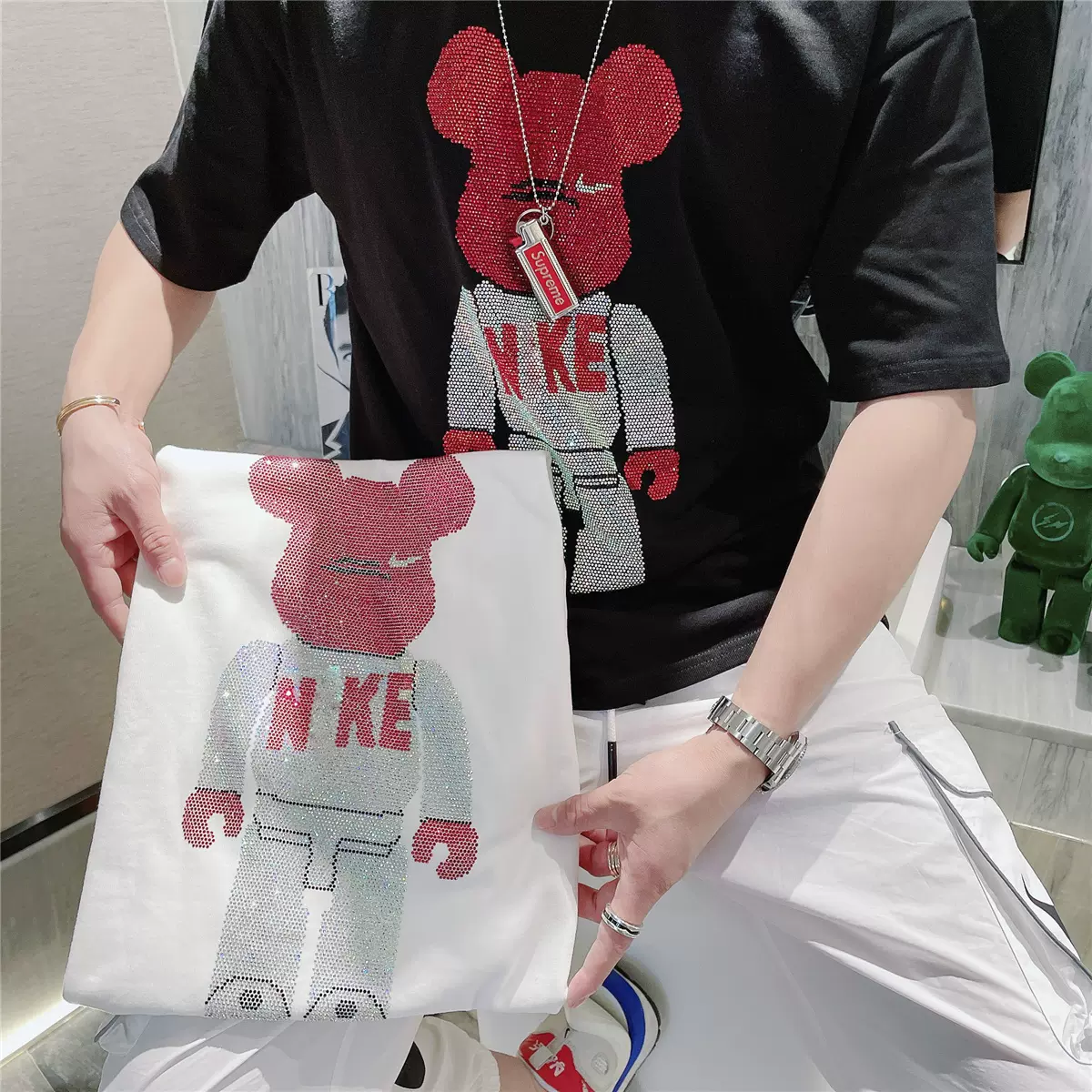 Y先生t恤夏季宽松潮流百搭纯棉暴力小熊烫钻短