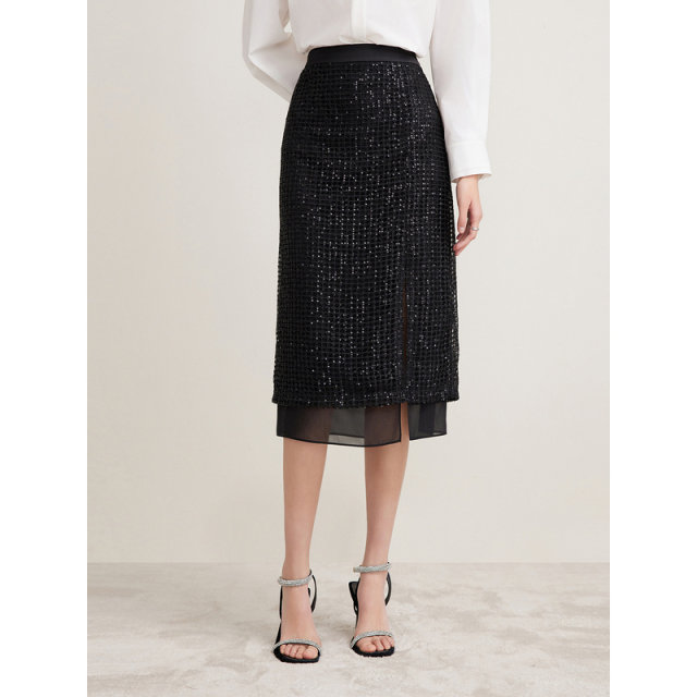 Goodland summer French elegant sparkling bead slit slim pencil skirt
