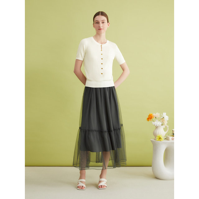 YINER special selection of 2024 summer new commuter mid-length mesh spliced ​​A-line skirt
