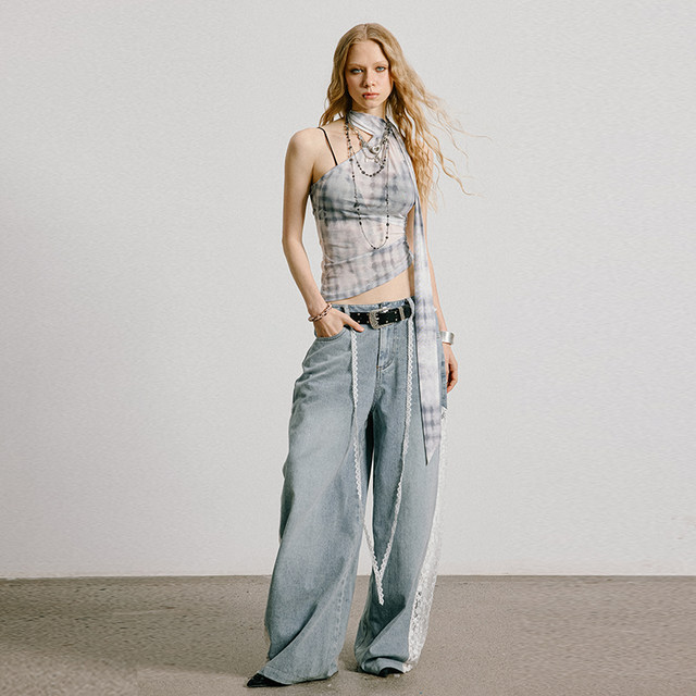 
USS hot girl suspender vest for women in summer pleated plaid splicing design waist-hugging and slimming neck streamer top