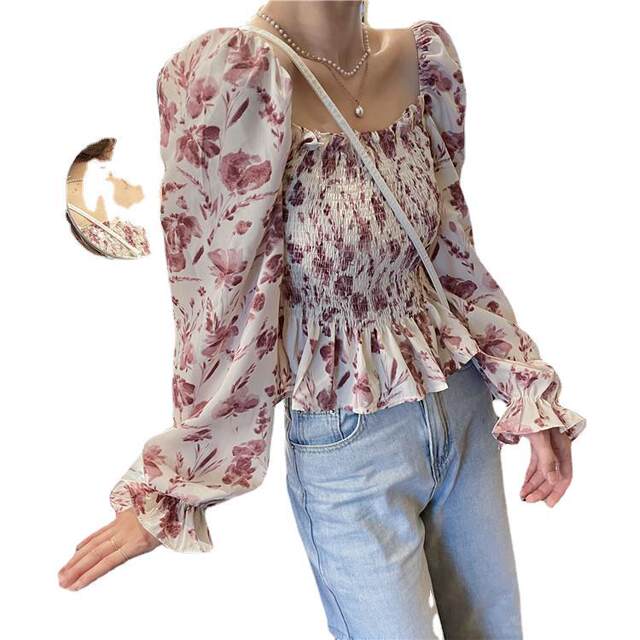 2025 new long-sleeved square collar waist-closed short floral strapless top for women in spring and autumn design, off-shoulder one-length collar