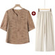 Mom Summer Suit New Women's 2025 Cotton Line Short Sleeve Two-Piece Set 50-year-old middle-aged and elderly T-shirt thin