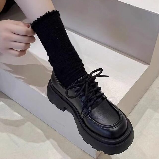New British style small leather shoes for women 2024 spring and autumn thick sole versatile lace-up loafers black jk single shoes shiny