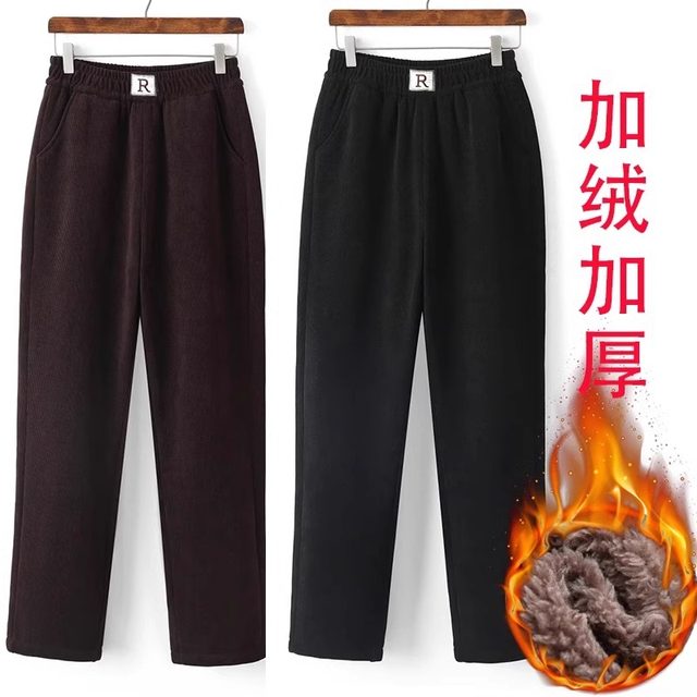 Mom pants corduroy plus velvet thickened trousers middle-aged and elderly female grandma winter loose straight warm cotton pants