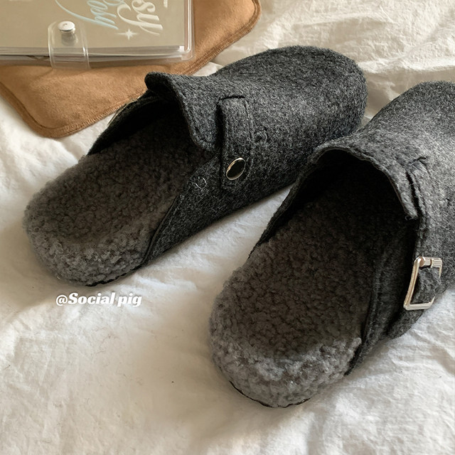 
I really love gray ~ furry slippers for women, thick-soled Birkenstock cotton shoes, winter non-slip toe-cap half slippers for women