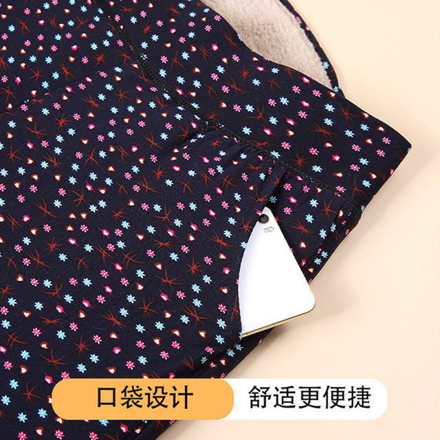 Elderly women's pants autumn and winter plus velvet thickened grandma preserved warm cotton pants, waist -care, lamina, mother flower pants outside wearing
