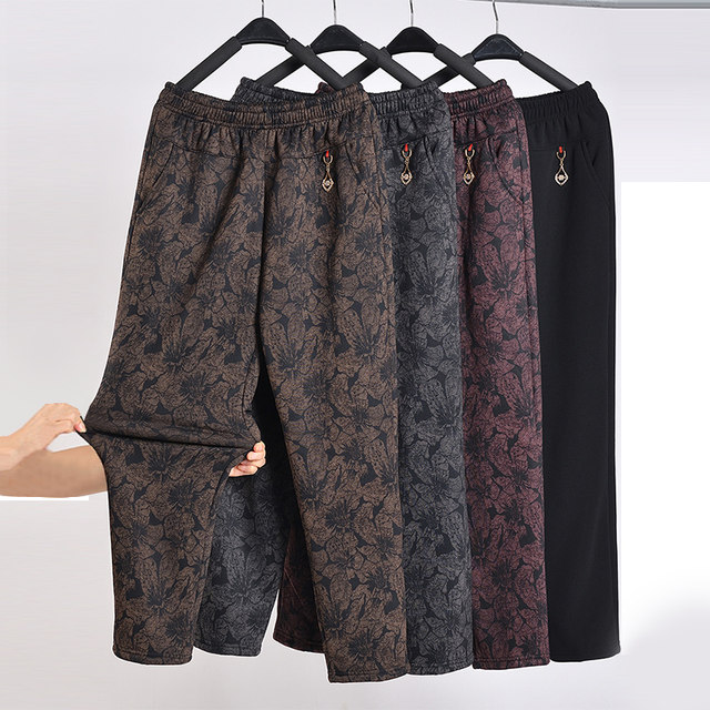 Mom's autumn and winter velvet thickened warm floral pants for middle-aged and elderly women 60-year-old women's casual pants black