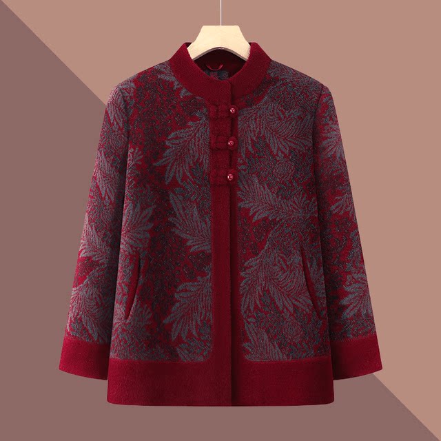 Winter clothing for the elderly, women's woolen coat, grandma's 70-year-old and 80-year-old cotton-padded jacket with velvet and thickening, elderly mother's national style mid-length style