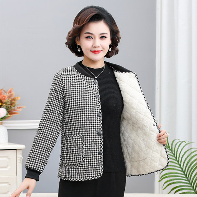 Middle-aged and elderly autumn and winter new fashion plaid plus velvet short coat mother's style modern round neck thickened warm cotton coat for women