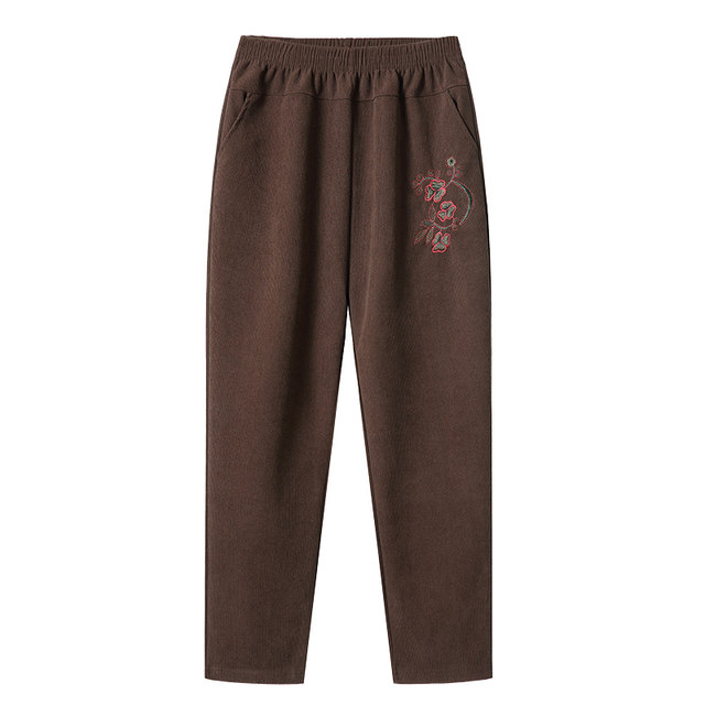 Mother's spring and autumn trousers straight corduroy trousers for small people autumn and winter plus velvet for middle-aged and elderly women's trousers grandma red
