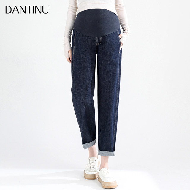 Maternity pants for autumn wear 2025 new belly-resisting jeans for spring and autumn large size loose small straight dad pants