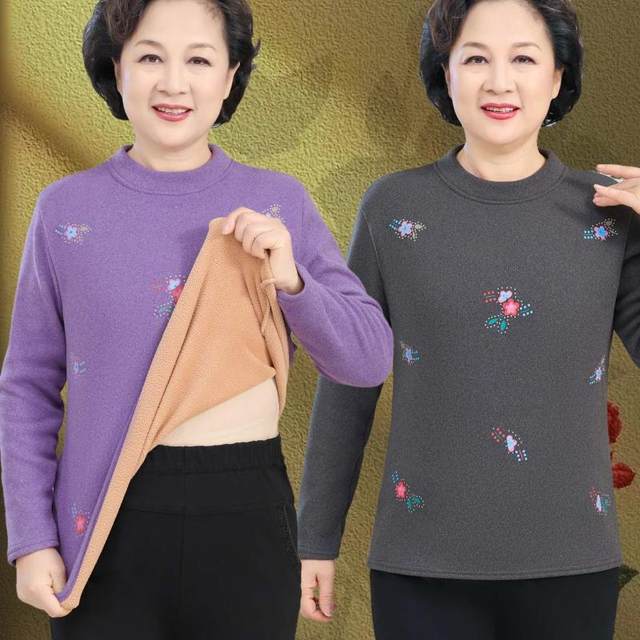 Grandma's velvet base shirt autumn and winter new style middle-aged and elderly women's warm mid-collar T-shirt stretch-thick top
