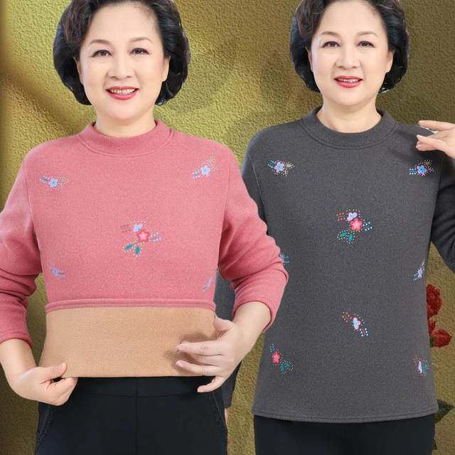 Grandma's velvet base shirt autumn and winter new style middle-aged and elderly women's warm mid-collar T-shirt stretch-thick top
