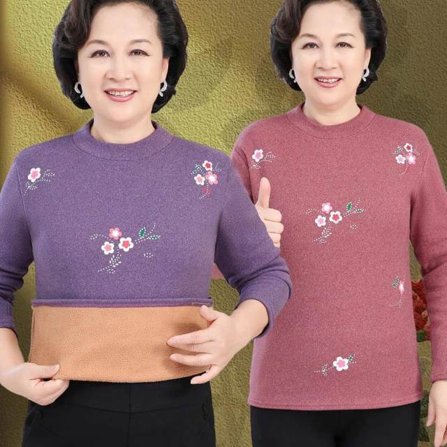 Grandma's thermal underwear plus velvet thickened base shirt for women, middle-aged and elderly mothers in winter round neck warm top
