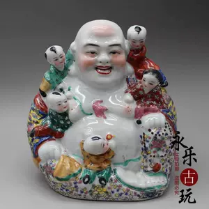 還元祭珍品☆弥勒佛粉彩人物中国五彩彫五福童子置物[临渊阁]天地一家春