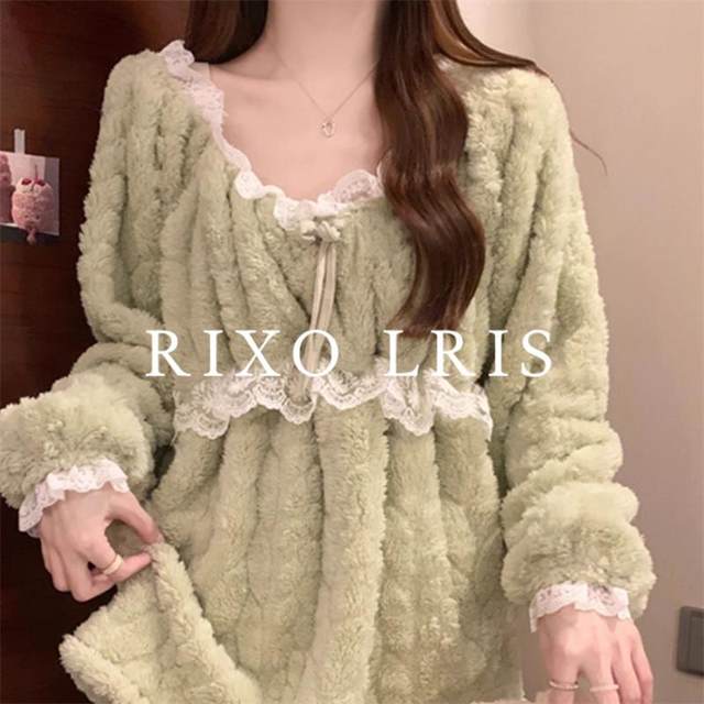 
RIXO LRIS French coral velvet pajamas suit for women in autumn and winter lace thickened waist warm new home clothes