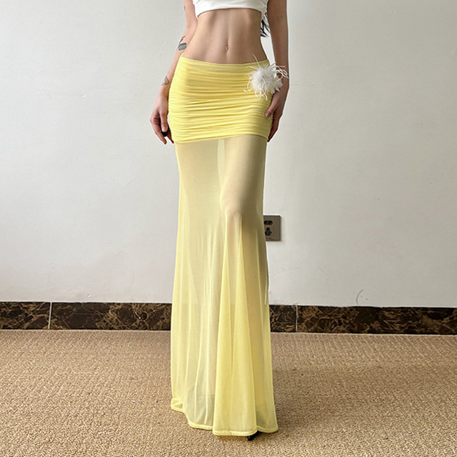 HEYOUNGIRL Seaside atmosphere mesh slit yellow skirt vacation style versatile sexy hip-covered long skirt