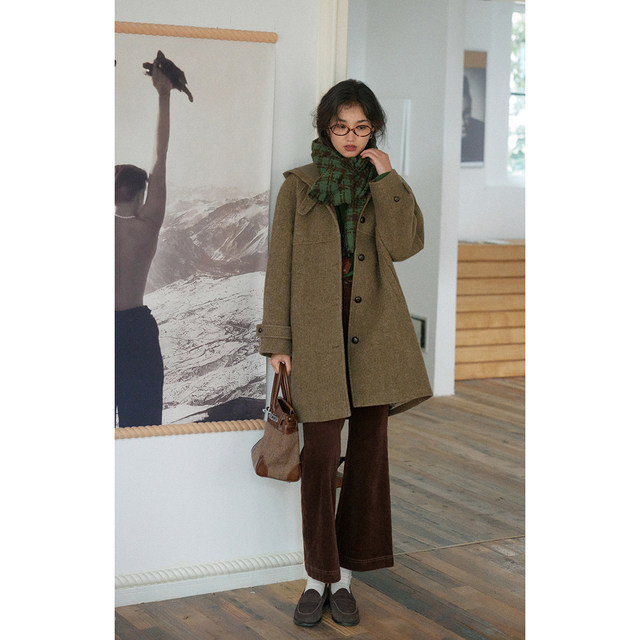 Solighter French full wool herringbone hooded mid-length coat for women's new winter woolen jacket