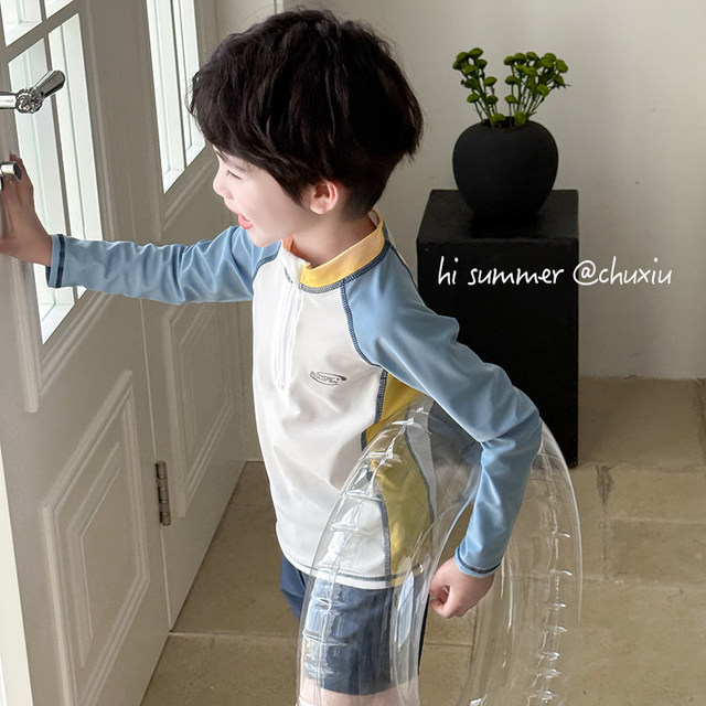 Children's swimsuits boys split long sleeves sun protection quick drying small and medium-sized boys beach baby short-sleeved student swimsuits