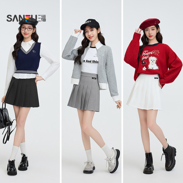 Sanfu short skirt 2025 new spring lined college style pleated skirt A-line skirt women's clothing 497339
