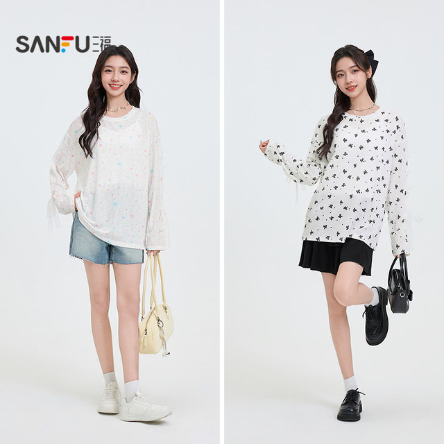Sanfu Long Sleeve T-shirt 2025 new summer full-page pattern sunshade shirt girl age-reducing thin top women's clothing
