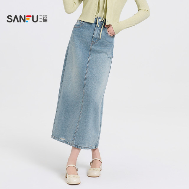 Sanfu denim skirt 2025 new spring simple cut straight back slit long skirt for women 499572
