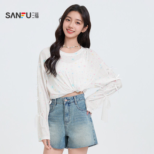 Sanfu Long Sleeve T-shirt 2025 new summer full-page pattern sunshade shirt girl age-reducing thin top women's clothing
