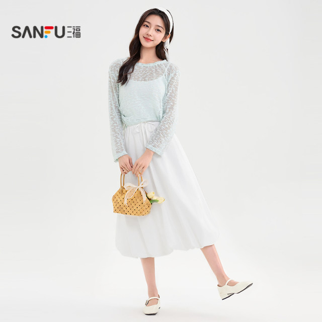 Sanfu white skirt 2025 new summer small draped a-line flower bud skirt women's clothing 501392