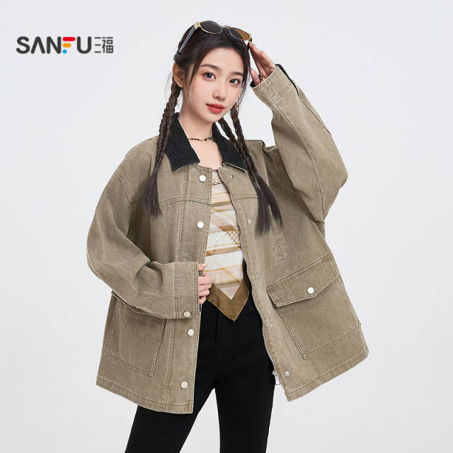 Sanfu jacket for women 2025 new spring contrasting lapel versatile loose retro denim top for women 496760
