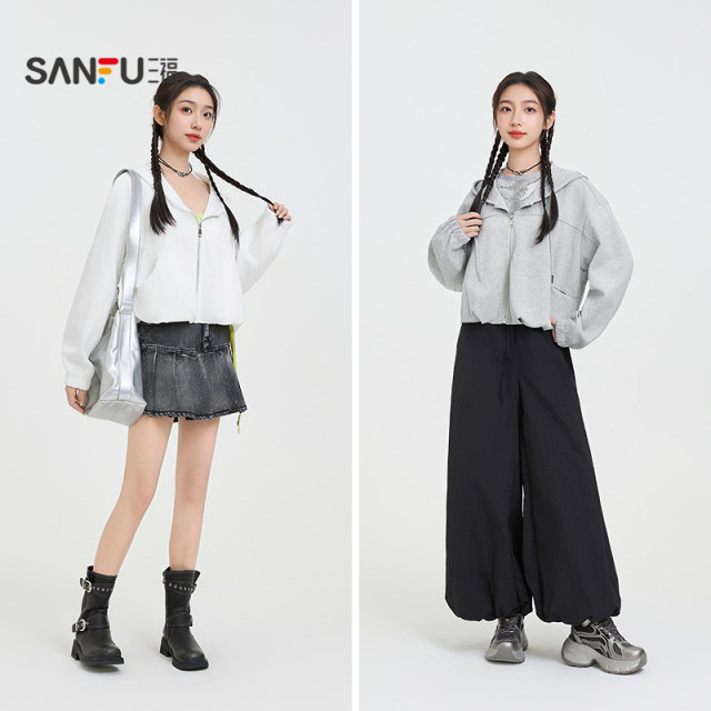 Sanfu white sweatshirt coat for women 2025 spring fashion flower bud hooded cardigan top for women 498344
