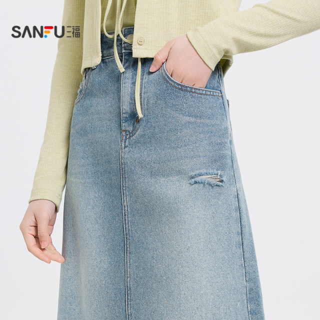 Sanfu denim skirt 2025 new spring simple cut straight back slit long skirt for women 499572
