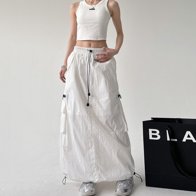 White design hot girl temperament long skirt 2024 summer new high-waisted personalized pocket work skirt for women