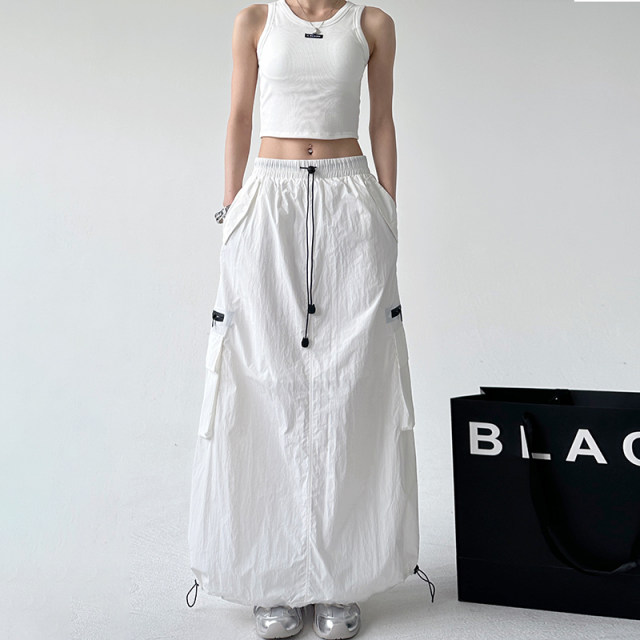 White design hot girl temperament long skirt 2024 summer new high-waisted personalized pocket work skirt for women