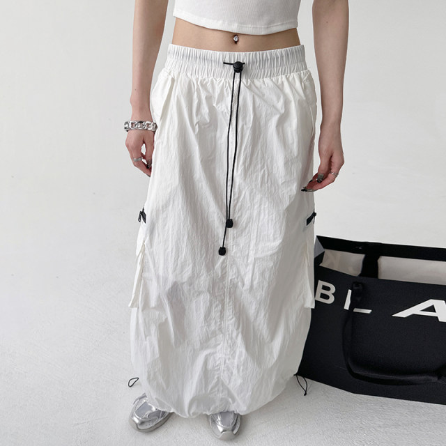 White design hot girl temperament long skirt 2024 summer new high-waisted personalized pocket work skirt for women