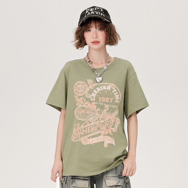 Girlhalo American retro green round neck short-sleeved T-shirt for women in summer loose casual white printed top
