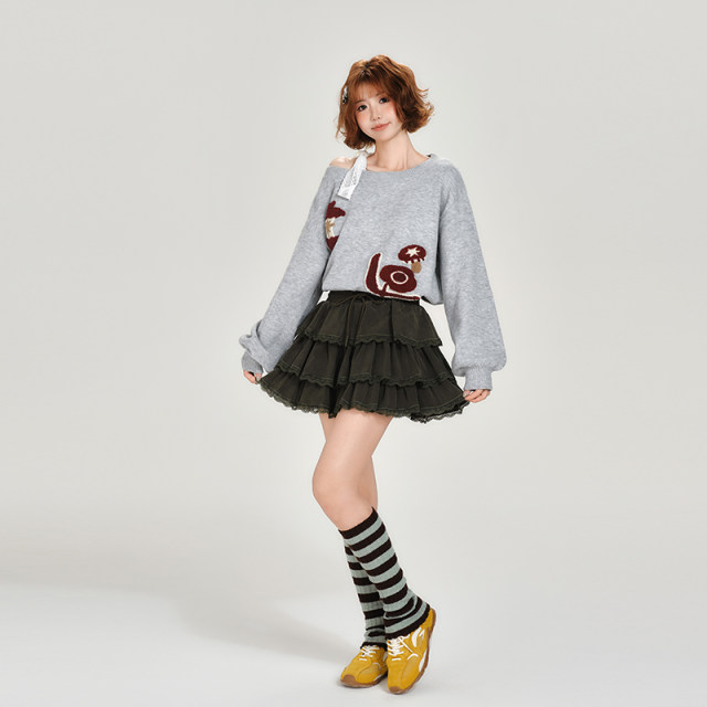 Girlhalo American retro cake skirt for women in autumn and winter new high-waisted lace-up three-layer puffy skirt skirt
