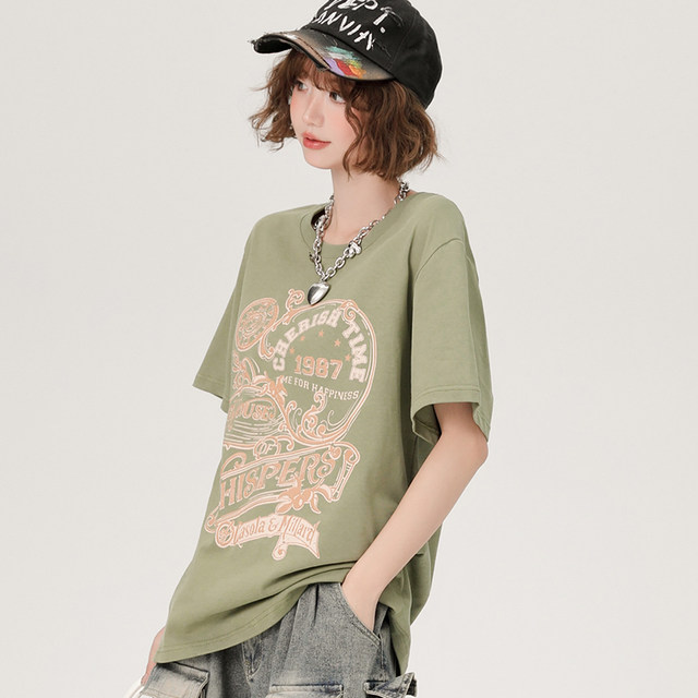 Girlhalo American retro green round neck short-sleeved T-shirt for women in summer loose casual white printed top
