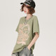 Girlhalo American retro green round neck short-sleeved T-shirt for women in summer loose casual white printed top
