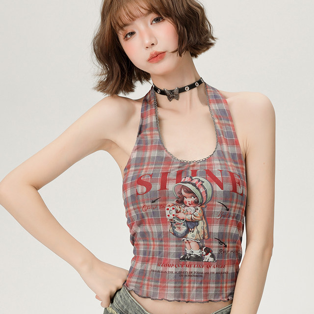 Girlhalo retro plaid halter neck sling for women in summer new slim sweet and cool hot girl underwear
