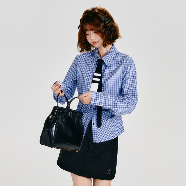 Girlhalo American retro long-sleeved shirt for women in autumn new casual blue and white plaid waist-hugging slimming top