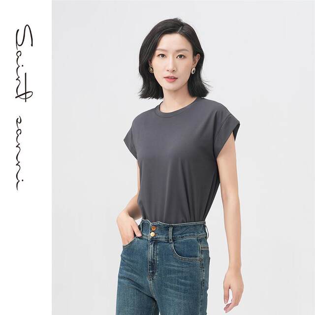 St. Hennise new round neck loose sleeveless wide -shoulder T -shirt women's pure color, lean vest, bottoming breathable GF123
