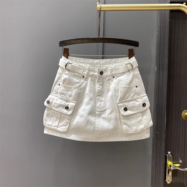 2024 autumn new models can adjust the waist retro -defense light work pocket pocket A -line hip -ray denim skirt women's tide